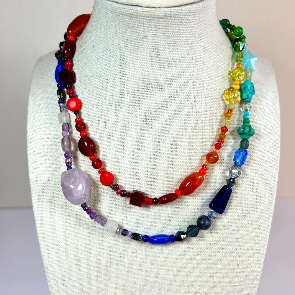 Long Gemstone & Glass Multi Colored Rainbow Mix Beads Handcrafted Necklace 30”